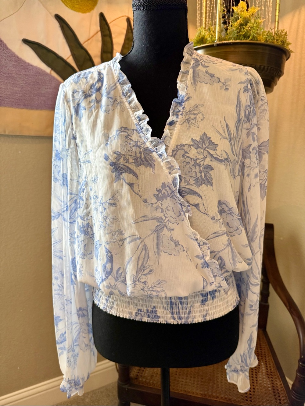 Floral Ruffle Wrap Blouse - Light Blue
